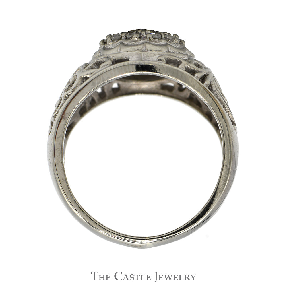 1/2cttw 19 Diamond Kentucky Cluster Ring with Open Filigree Sides in 10k White Gold