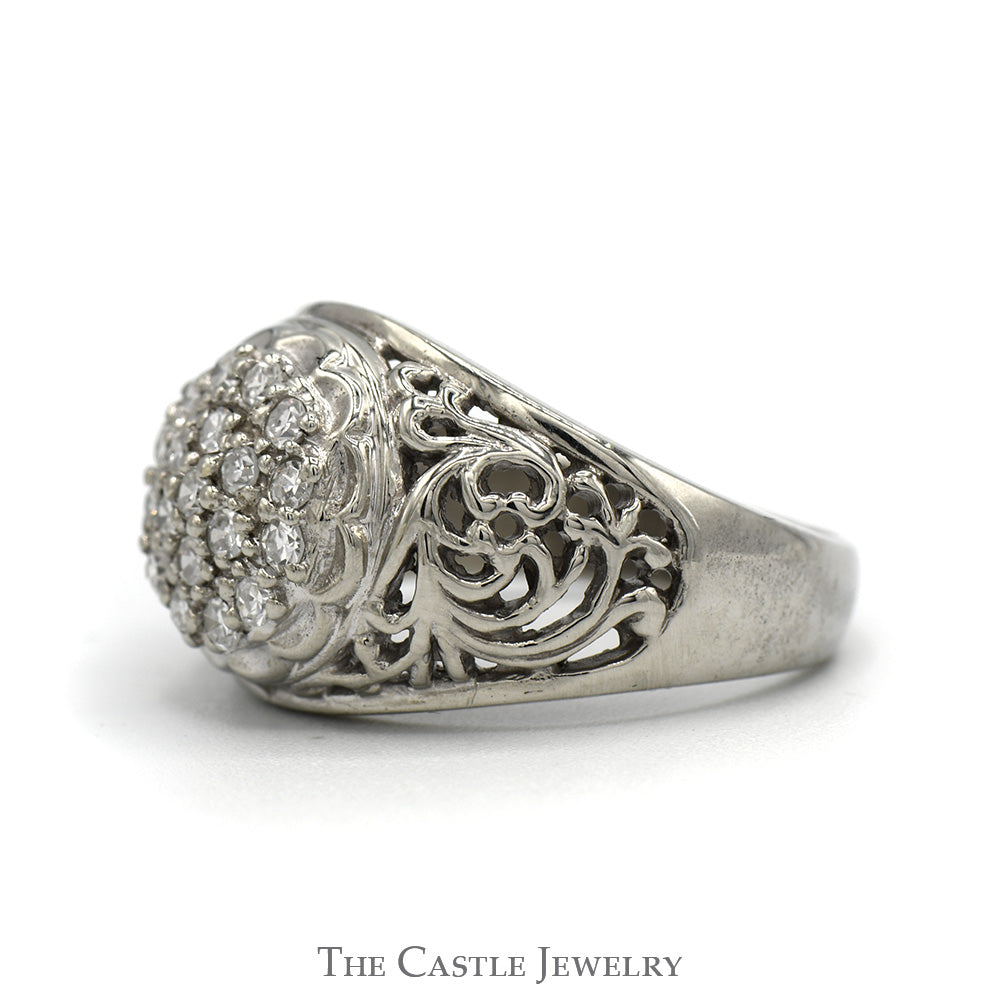 1/2cttw 19 Diamond Kentucky Cluster Ring with Open Filigree Sides in 10k White Gold