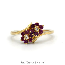 Double Ruby Flower Cluster Ring with Diamond Accents in 10k Yellow Gold