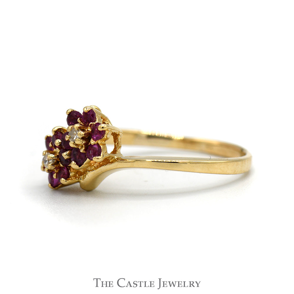 Double Ruby Flower Cluster Ring with Diamond Accents in 10k Yellow Gold