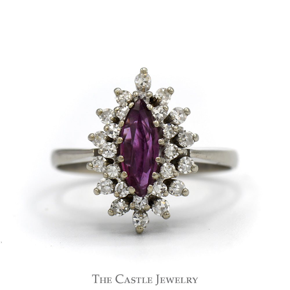 Marquise Shaped Ruby Ring with Double Diamond Halo in 14k White Gold
