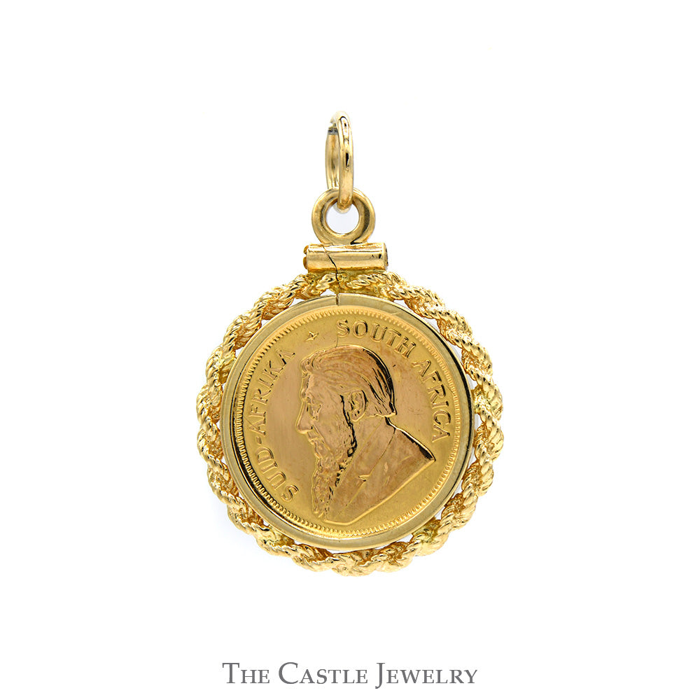 1980 Krugerrand Coin Pendant with Rope Designed Bezel in 10k Yellow Gold