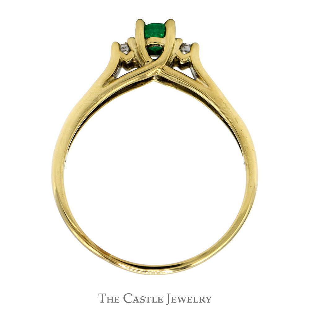 Three Stone Oval Emerald & Round Diamond Ring in 10k Yellow Gold