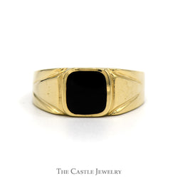 Square Black Onyx Men's Ring with Polished Grooved Sides in 14k Yellow Gold