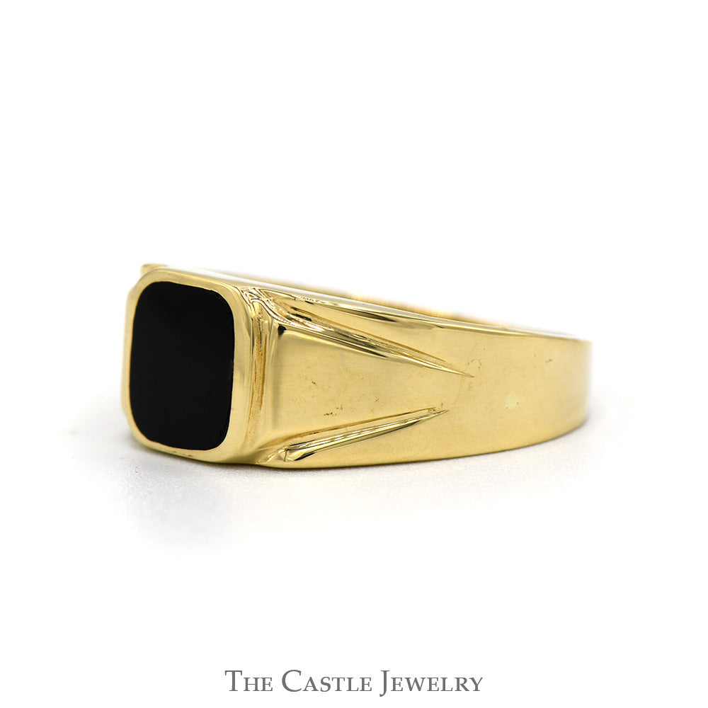 Square Black Onyx Men's Ring with Polished Grooved Sides in 14k Yellow Gold