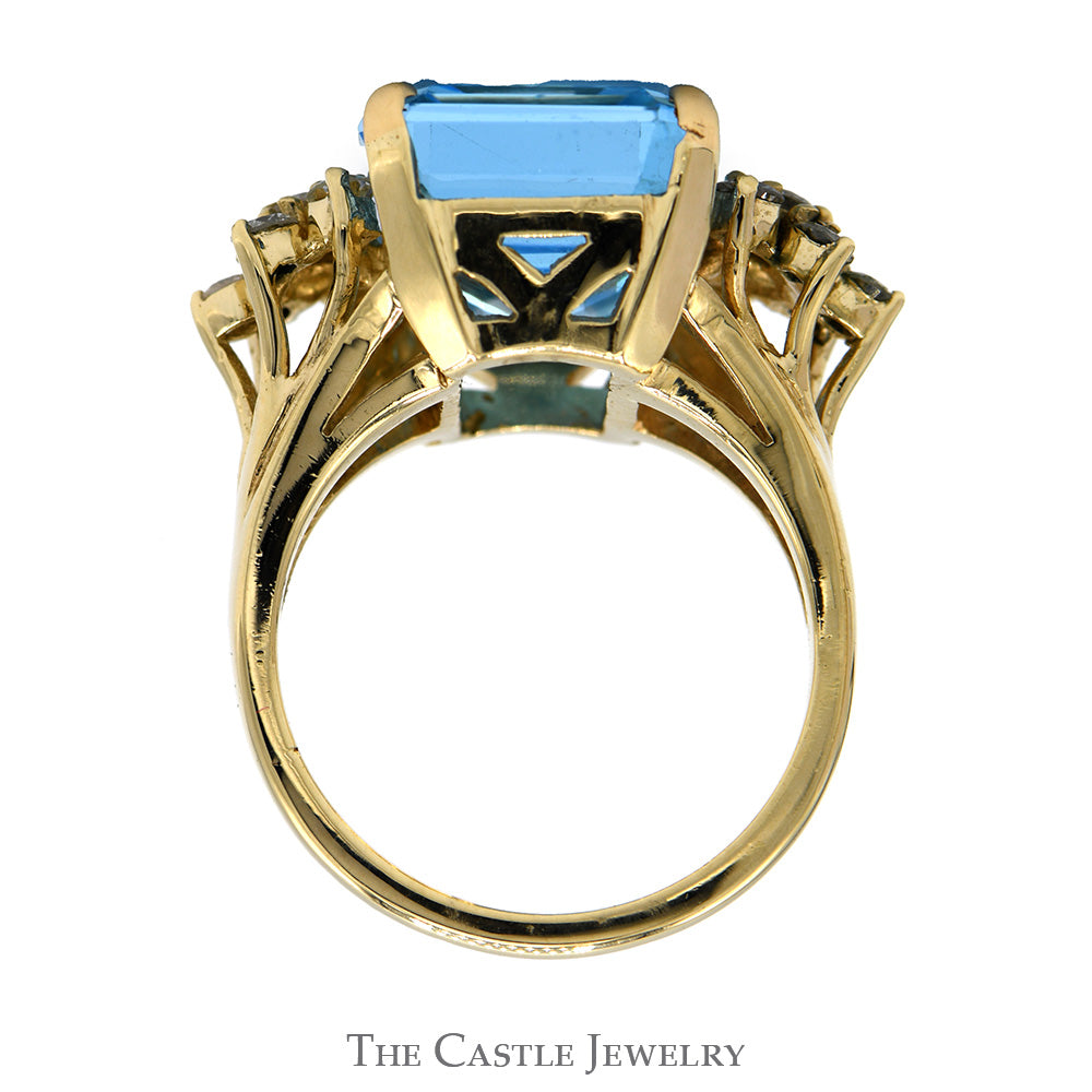 Emerald Cut Blue Topaz Ring with 1/2cttw Diamond Cluster Sides in 14k Yellow Gold