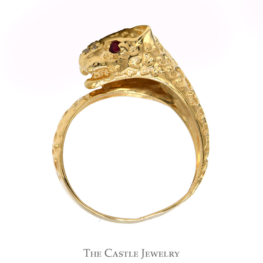 Leopard Designed Ring with Ruby Eyes & Diamond Accents in 10k Yellow Gold