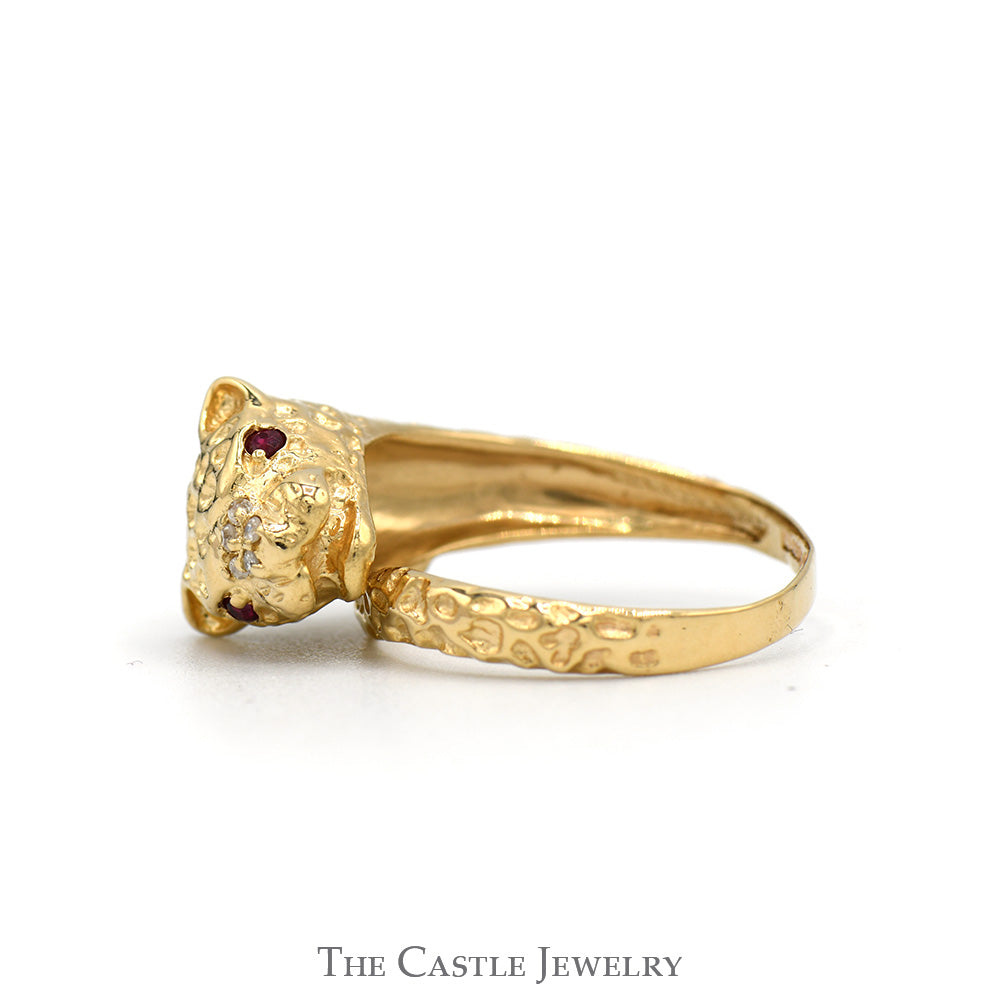 Leopard Designed Ring with Ruby Eyes & Diamond Accents in 10k Yellow Gold