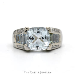 Cushion Cut Aquamarine Ring with Baguette Aquamarine Sides and Diamond Accents in 14k White Gold