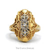 Diamond Accented Shield Ring with Open Filigree Design in 10k Yellow Gold - Thumbnail 1