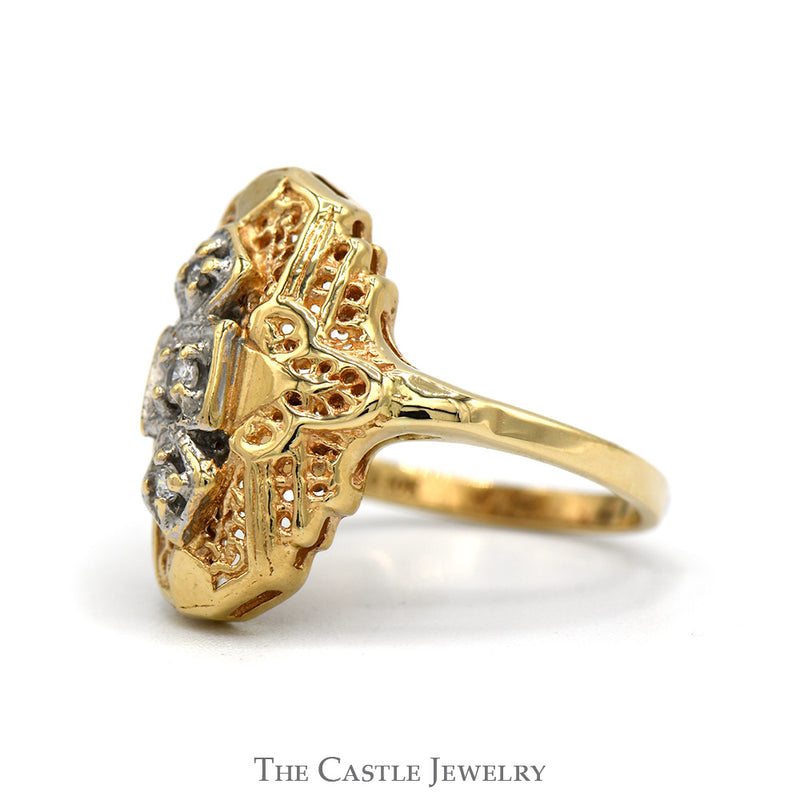 Diamond Accented Shield Ring with Open Filigree Design in 10k Yellow Gold