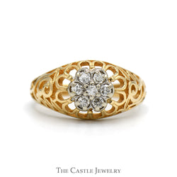 1/4cttw 7 Diamond Kentucky Cluster Ring with Open Filigree Sides in 14k Yellow Gold