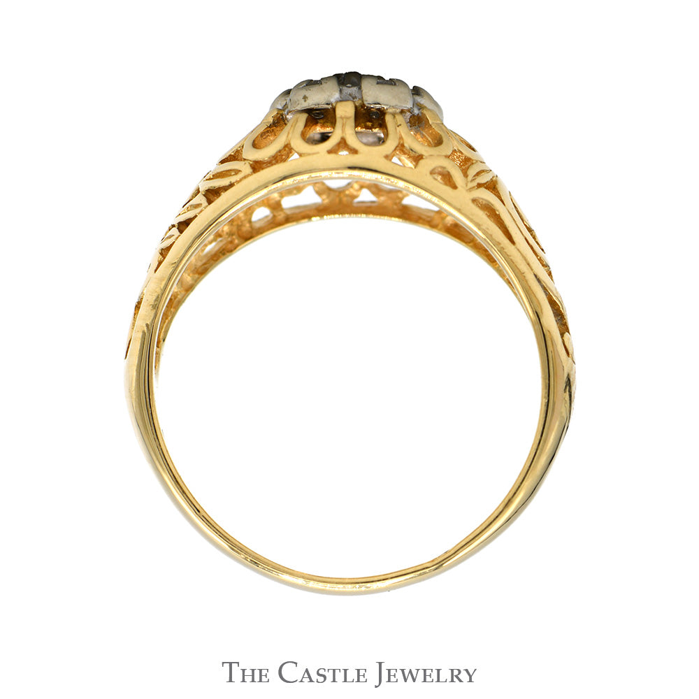 1/4cttw 7 Diamond Kentucky Cluster Ring with Open Filigree Sides in 14k Yellow Gold