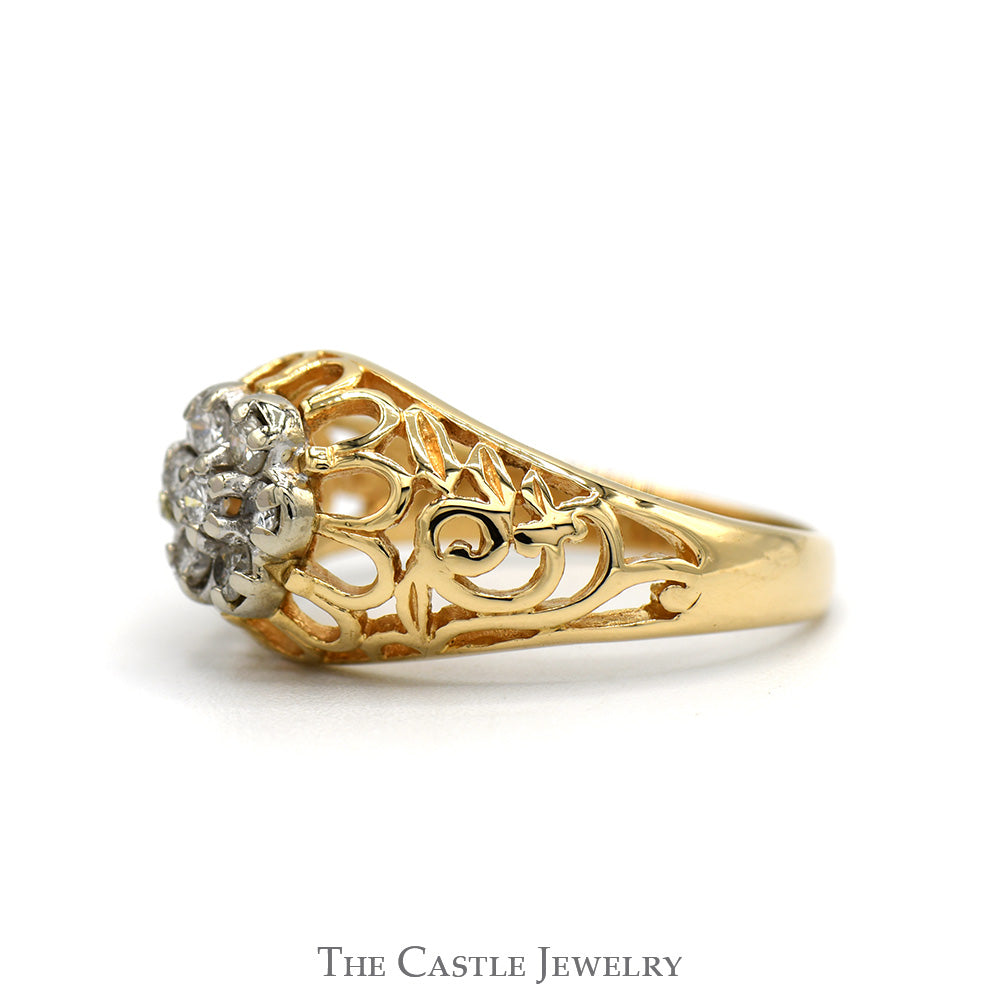 1/4cttw 7 Diamond Kentucky Cluster Ring with Open Filigree Sides in 14k Yellow Gold