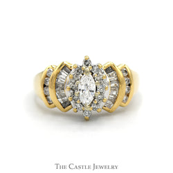 3/4cttw Marquise Cut Diamond Solitaire with Round & Baguette Accents in 14k Yellow Gold