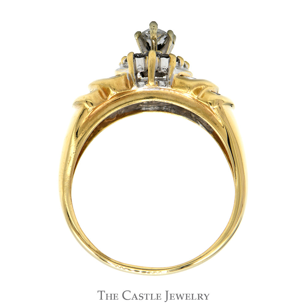 3/4cttw Marquise Cut Diamond Solitaire with Round & Baguette Accents in 14k Yellow Gold