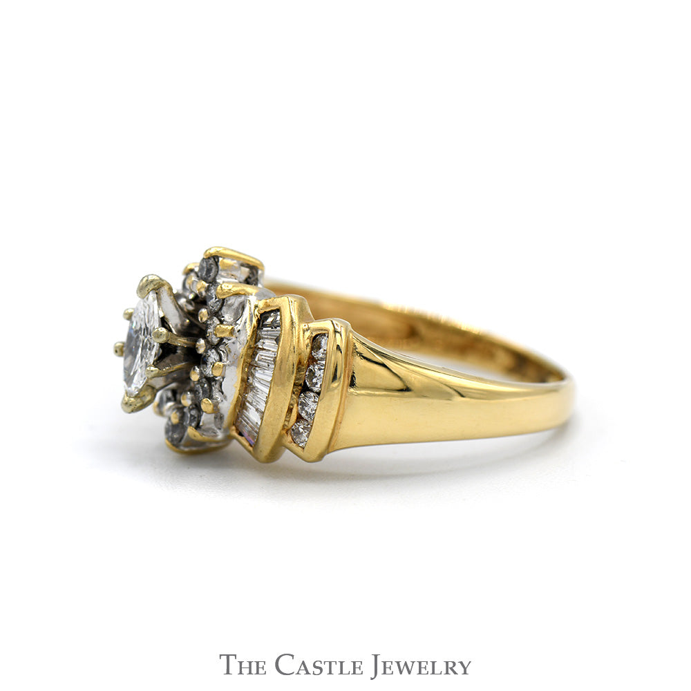 3/4cttw Marquise Cut Diamond Solitaire with Round & Baguette Accents in 14k Yellow Gold