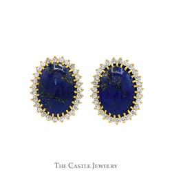 Oval Blue Lapis Clip On Earrings with 1cttw Diamond Halo Design in 14k Yellow Gold