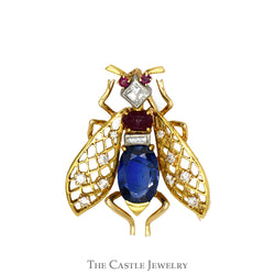 Authentic Vintage Van Cleef & Arpels Designer Bee Brooch with Sapphire, Ruby & Diamonds in 18k Yellow Gold