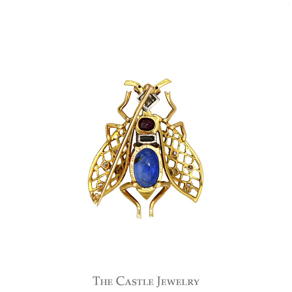 Authentic Vintage Van Cleef & Arpels Designer Bee Brooch with Sapphire, Ruby & Diamonds in 18k Yellow Gold