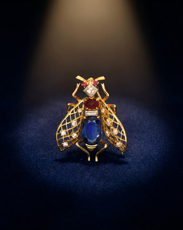 Authentic Vintage Van Cleef & Arpels Designer Bee Brooch with Sapphire, Ruby & Diamonds in 18k Yellow Gold
