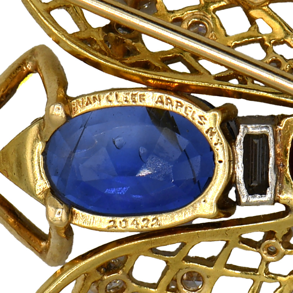 Authentic Vintage Van Cleef & Arpels Designer Bee Brooch with Sapphire, Ruby & Diamonds in 18k Yellow Gold