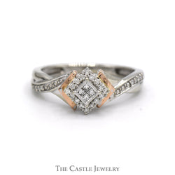 1/4cttw Princess Cut Invisi-set Diamond Cluster Ring with Accented Sides in Two Tone 10k White & Rose Gold