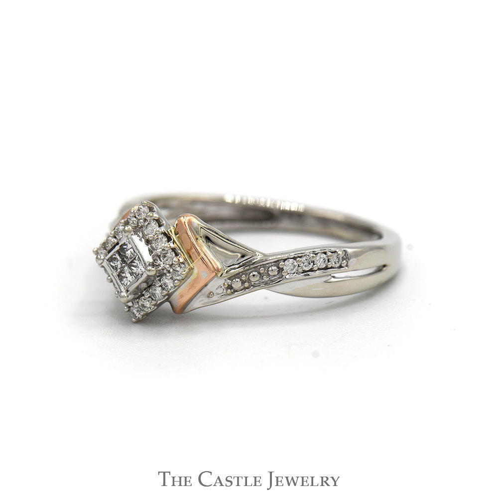 1/4cttw Princess Cut Invisi-set Diamond Cluster Ring with Accented Sides in Two Tone 10k White & Rose Gold