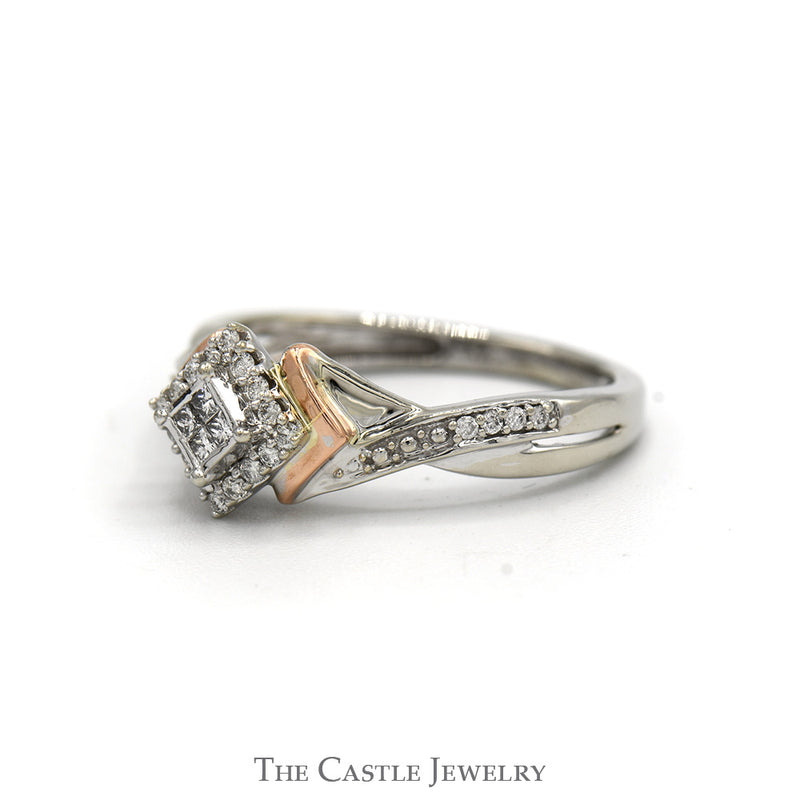 1/4cttw Princess Cut Invisi-set Diamond Cluster Ring with Accented Sides in Two Tone 10k White & Rose Gold