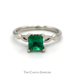 Princess Cut Synthetic Emerald Solitaire Ring in 14k White Gold Twisted Mounting