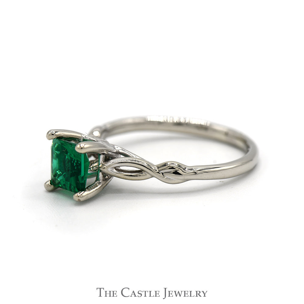 Princess Cut Synthetic Emerald Solitaire Ring in 14k White Gold Twisted Mounting