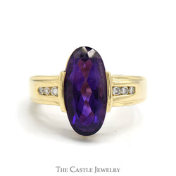 Elongated Oval Amethyst Ring with Channel Set Diamond Accents in 14k Yellow Gold