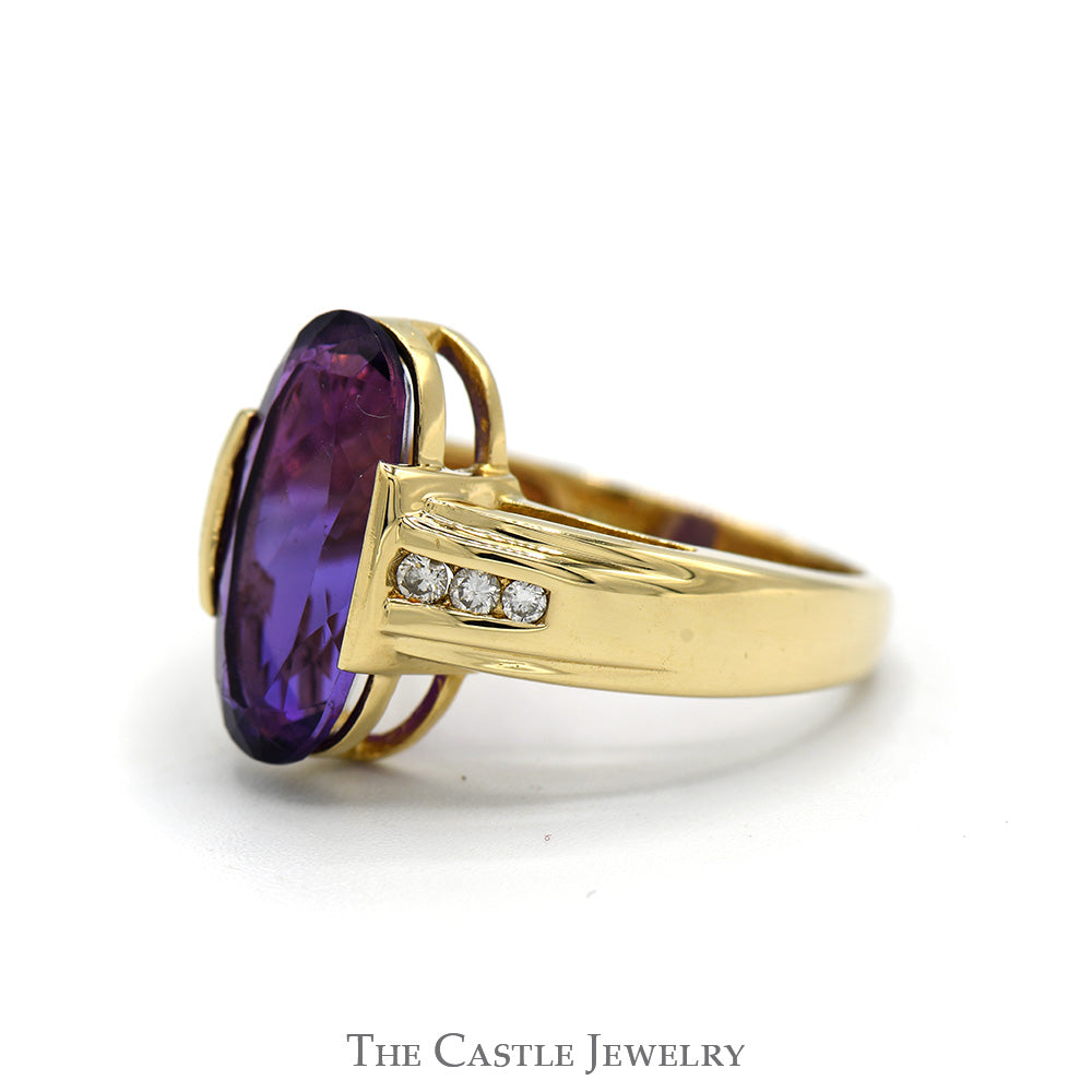 Elongated Oval Amethyst Ring with Channel Set Diamond Accents in 14k Yellow Gold