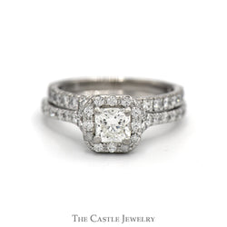 1.66cttw Princess Cut Diamond Bridal Set with Diamond Halo, Accented Sides & Matching Band in 14k White Gold & Platinum