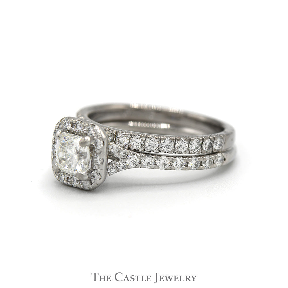 1.66cttw Princess Cut Diamond Bridal Set with Diamond Halo, Accented Sides & Matching Band in 14k White Gold & Platinum