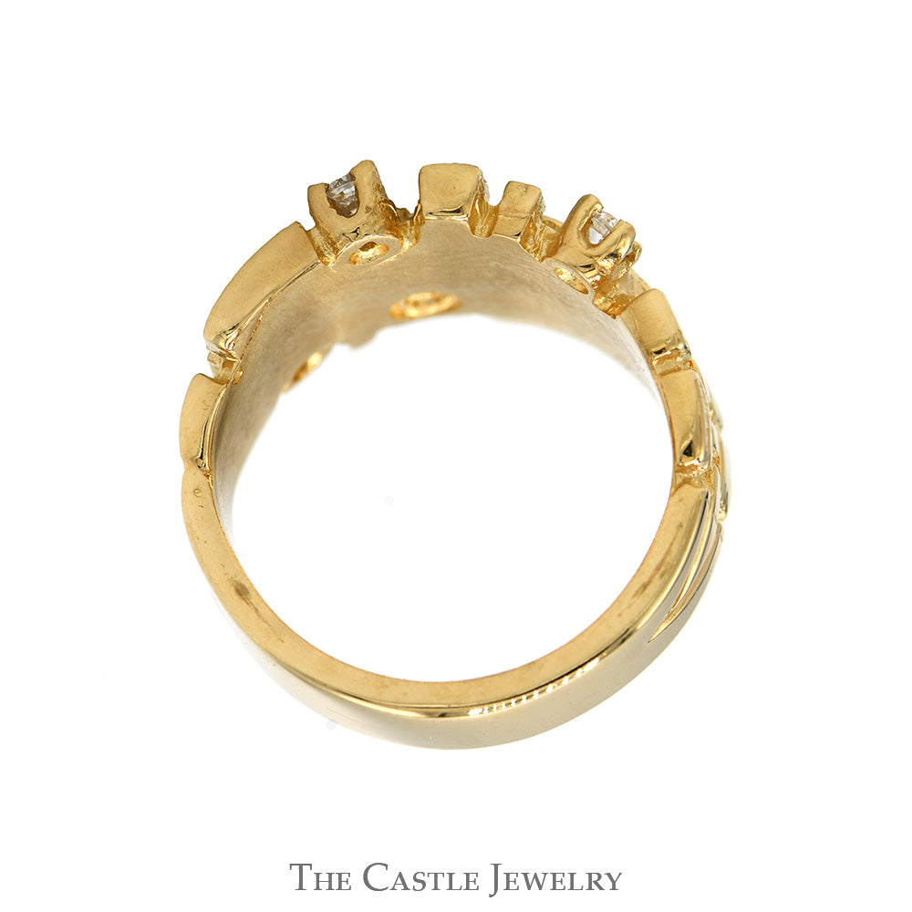 Aztec Inspired Textured Grid Ring with Diamond Accents in 14k Yellow Gold