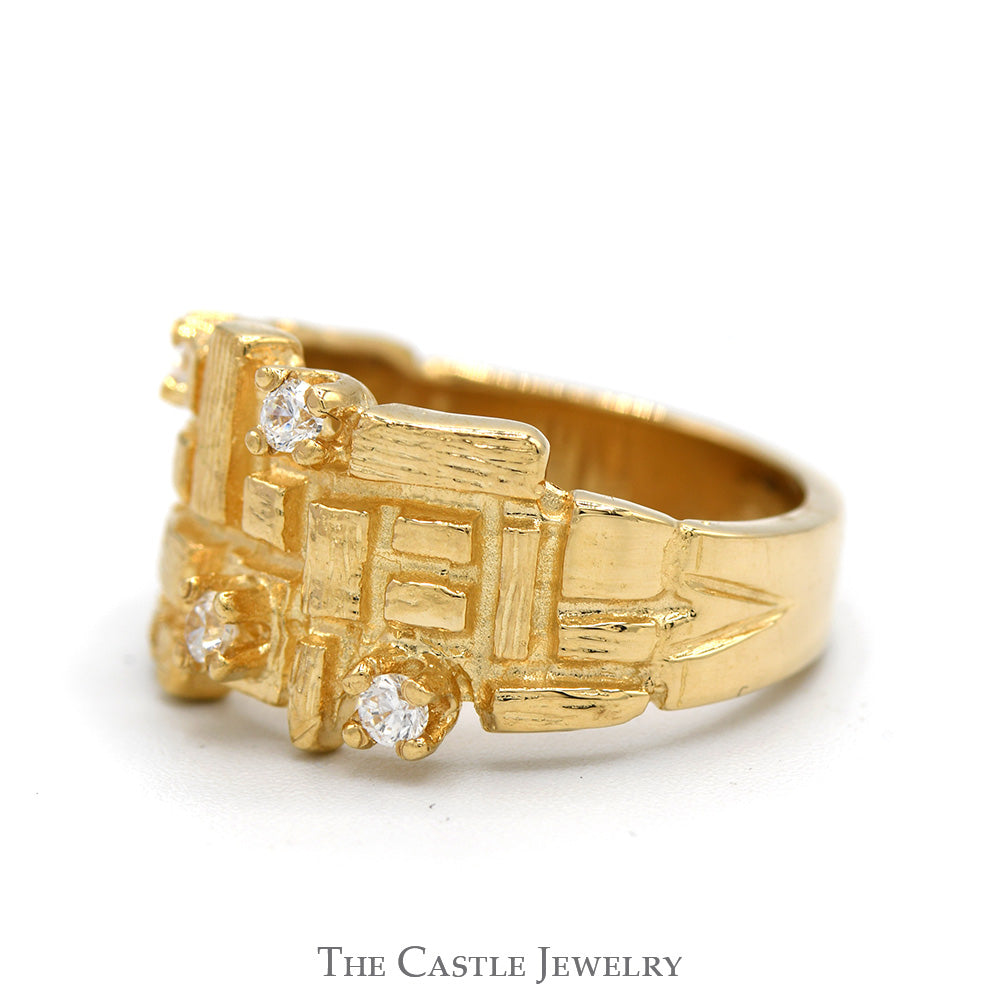 Aztec Inspired Textured Grid Ring with Diamond Accents in 14k Yellow Gold