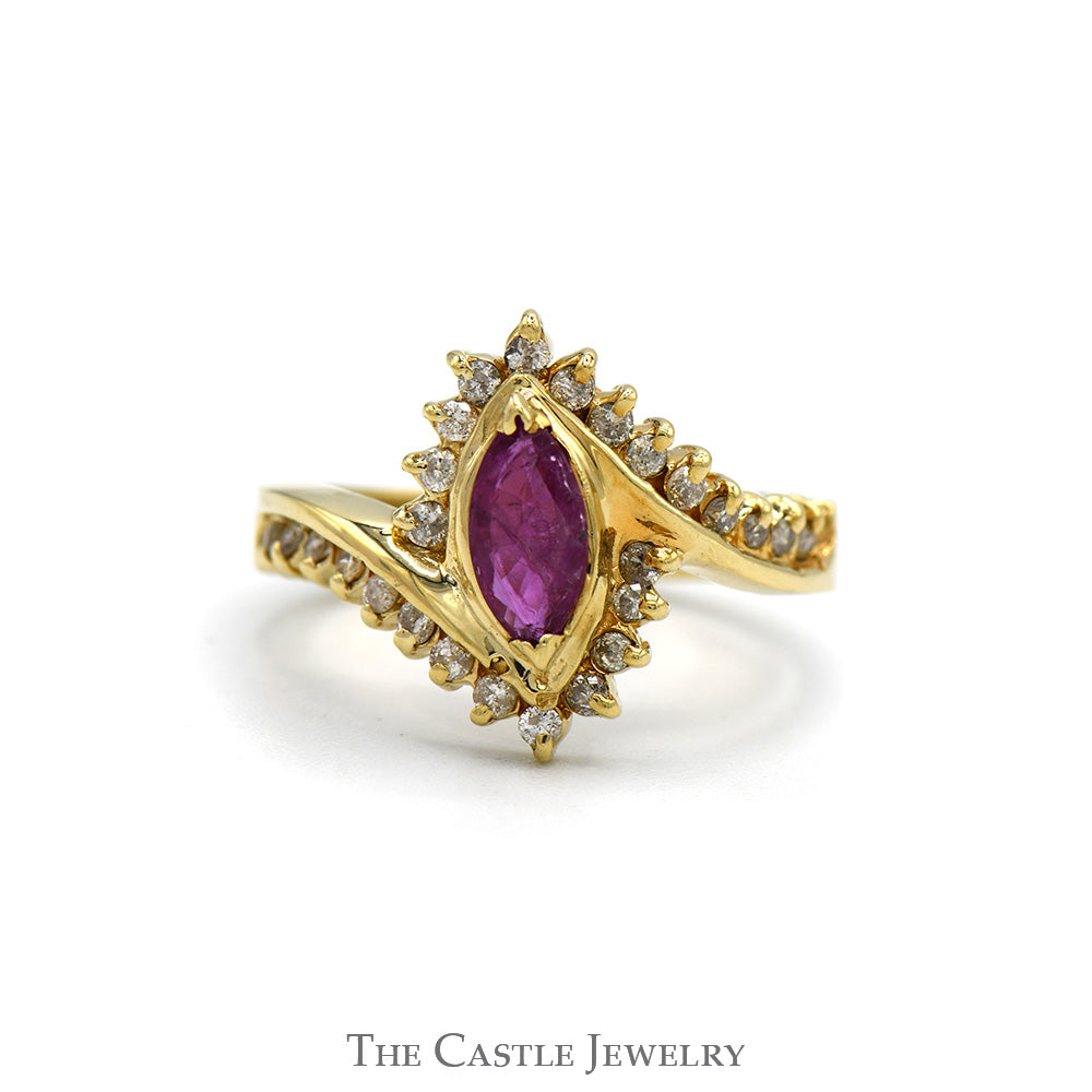 Marquise Cut Ruby Ring with Diamond Accented Sides in 14k Yellow Gold Bypass Mounting