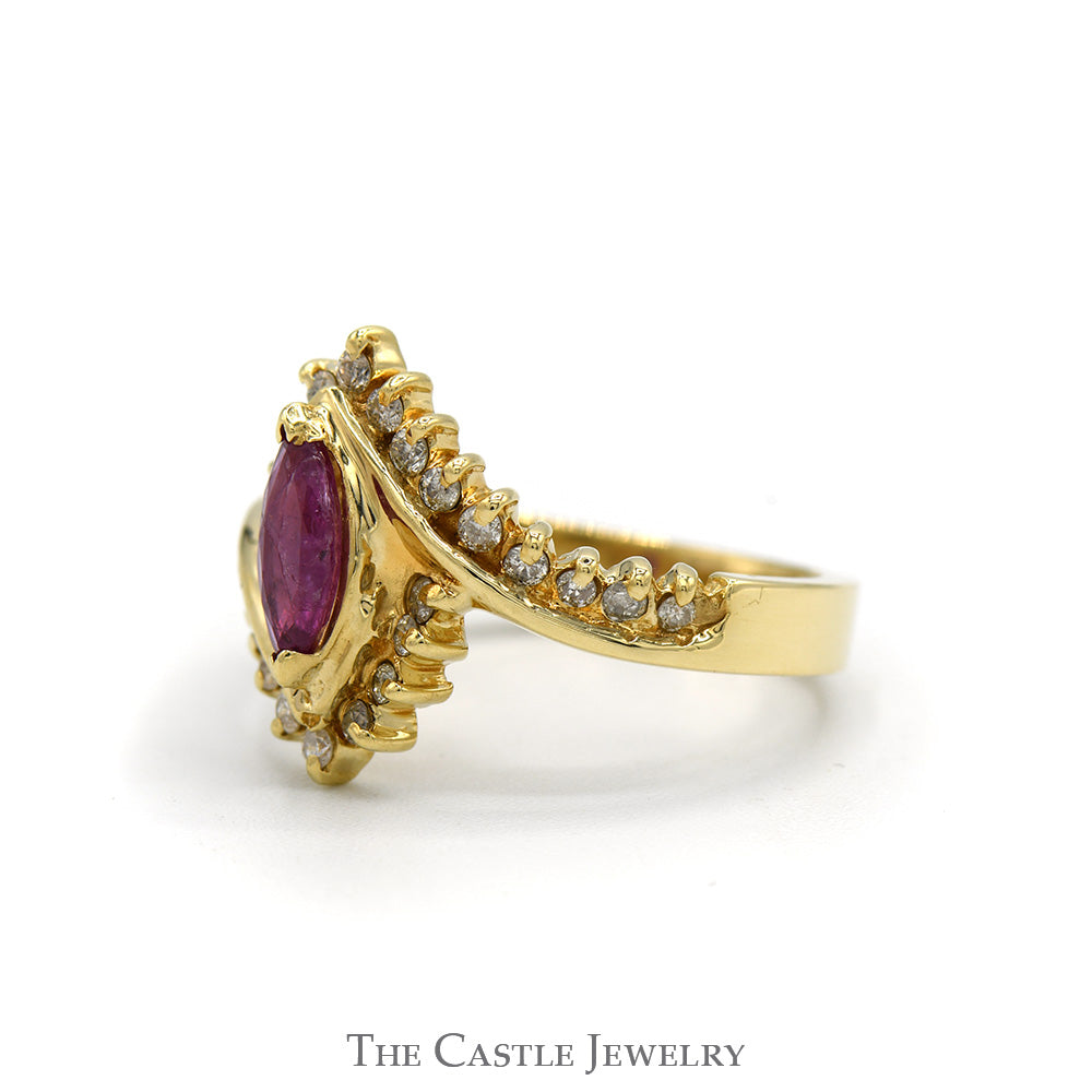 Marquise Cut Ruby Ring with Diamond Accented Sides in 14k Yellow Gold Bypass Mounting