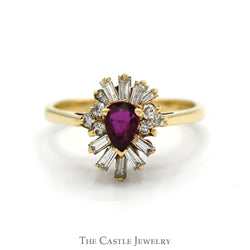 Pear Cut Ruby Ring with Baguette and Round Diamond Halo in 14k Yellow Gold