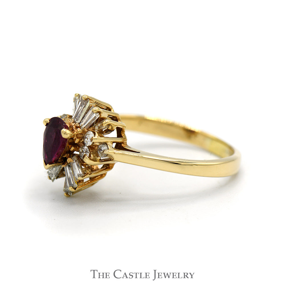 Pear Cut Ruby Ring with Baguette and Round Diamond Halo in 14k Yellow Gold