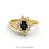 Oval Sapphire Ring with Starburst Designed Diamond Halo in 14k Yellow Gold - Thumbnail 1
