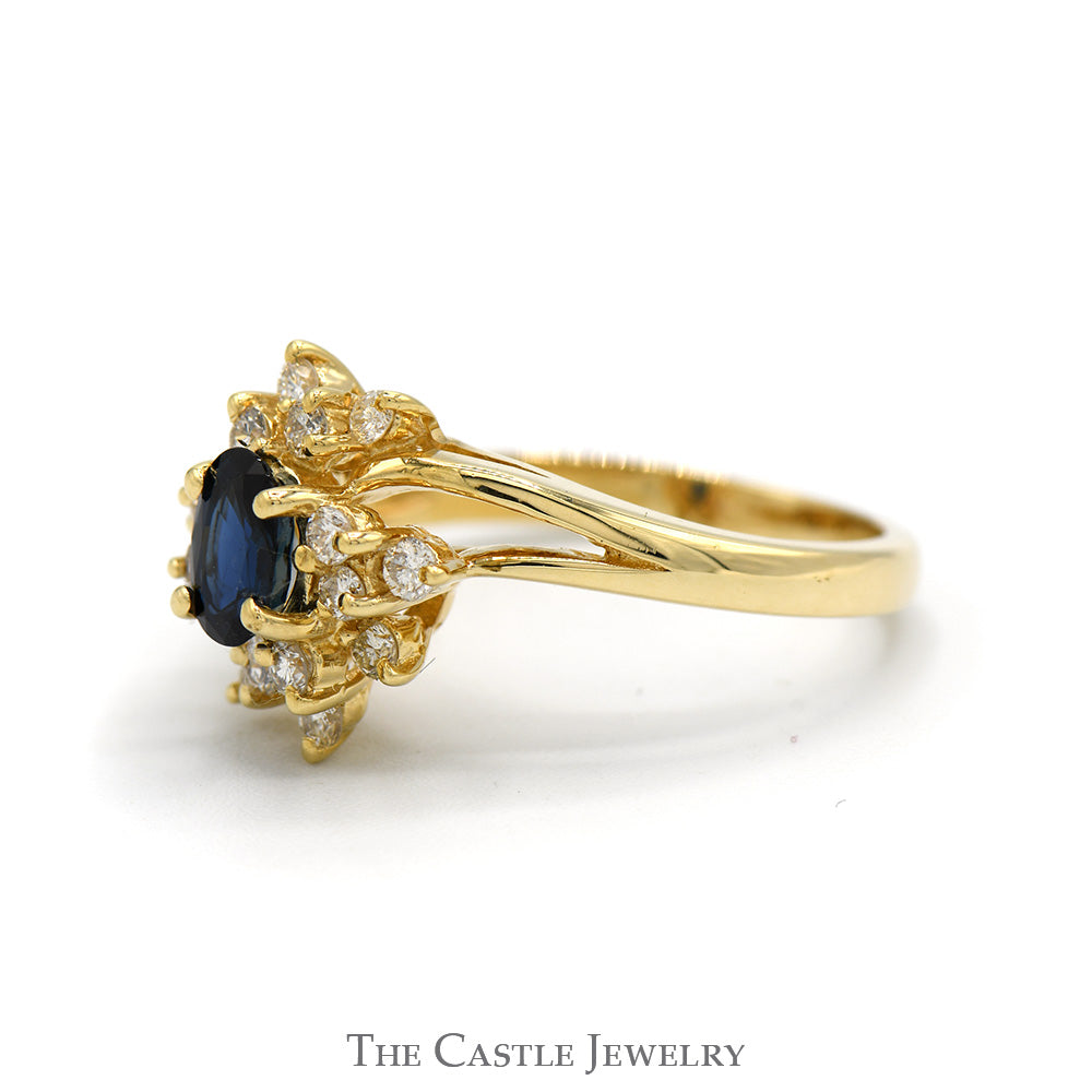 Oval Sapphire Ring with Starburst Designed Diamond Halo in 14k Yellow Gold