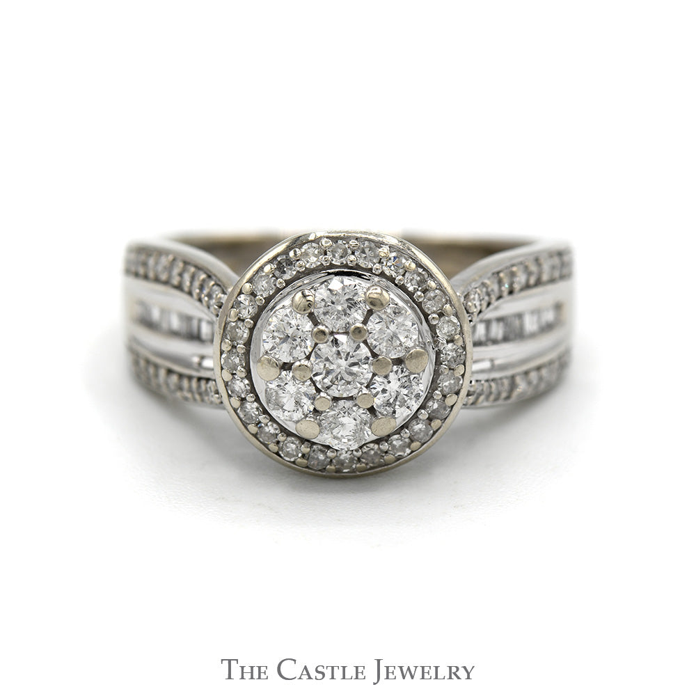 1cttw Round Diamond Cluster Engagement Ring with Diamond Halo & Accented Sides in 14k White Gold