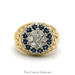 Round Sapphire & Diamond Kentucky Cluster Ring with Open Filigree Sides in 14k Yellow Gold