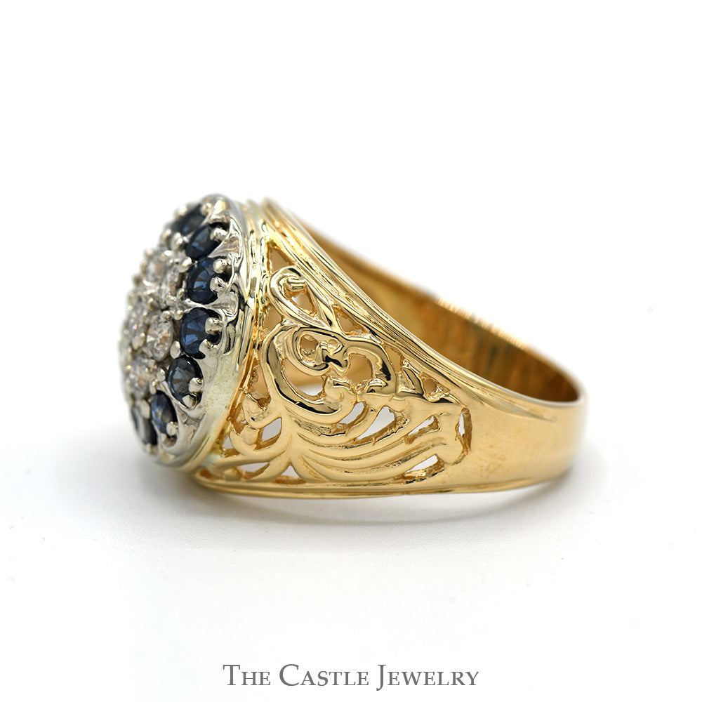 Round Sapphire & Diamond Kentucky Cluster Ring with Open Filigree Sides in 14k Yellow Gold