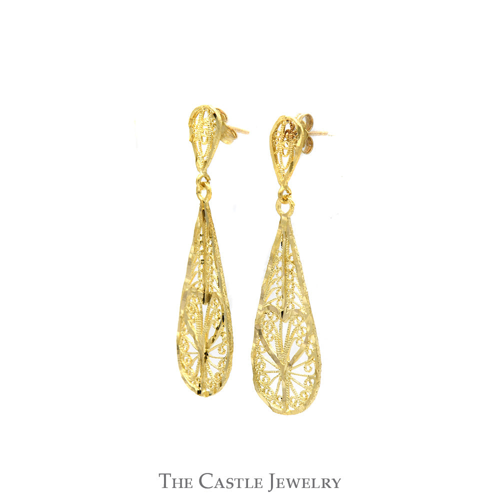 Teardrop Shaped Open Filigree Dangle Earrings in 14k Yellow Gold