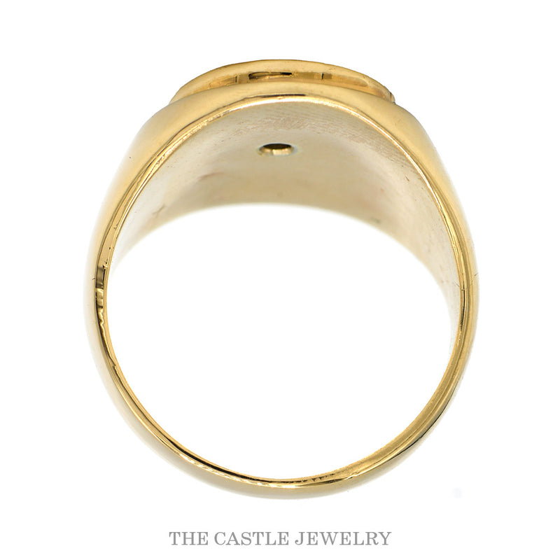Front-facing view of the men's brushed oval diamond solitaire ring in 14k yellow gold