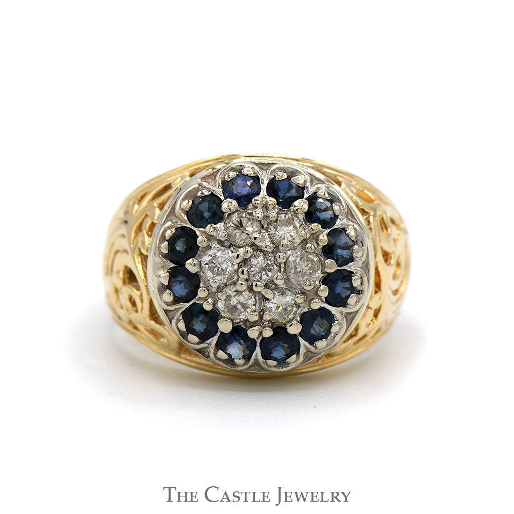 1/2cttw Diamond & Sapphire Kentucky Cluster Ring with Open Filigree Sides in 14k Yellow Gold