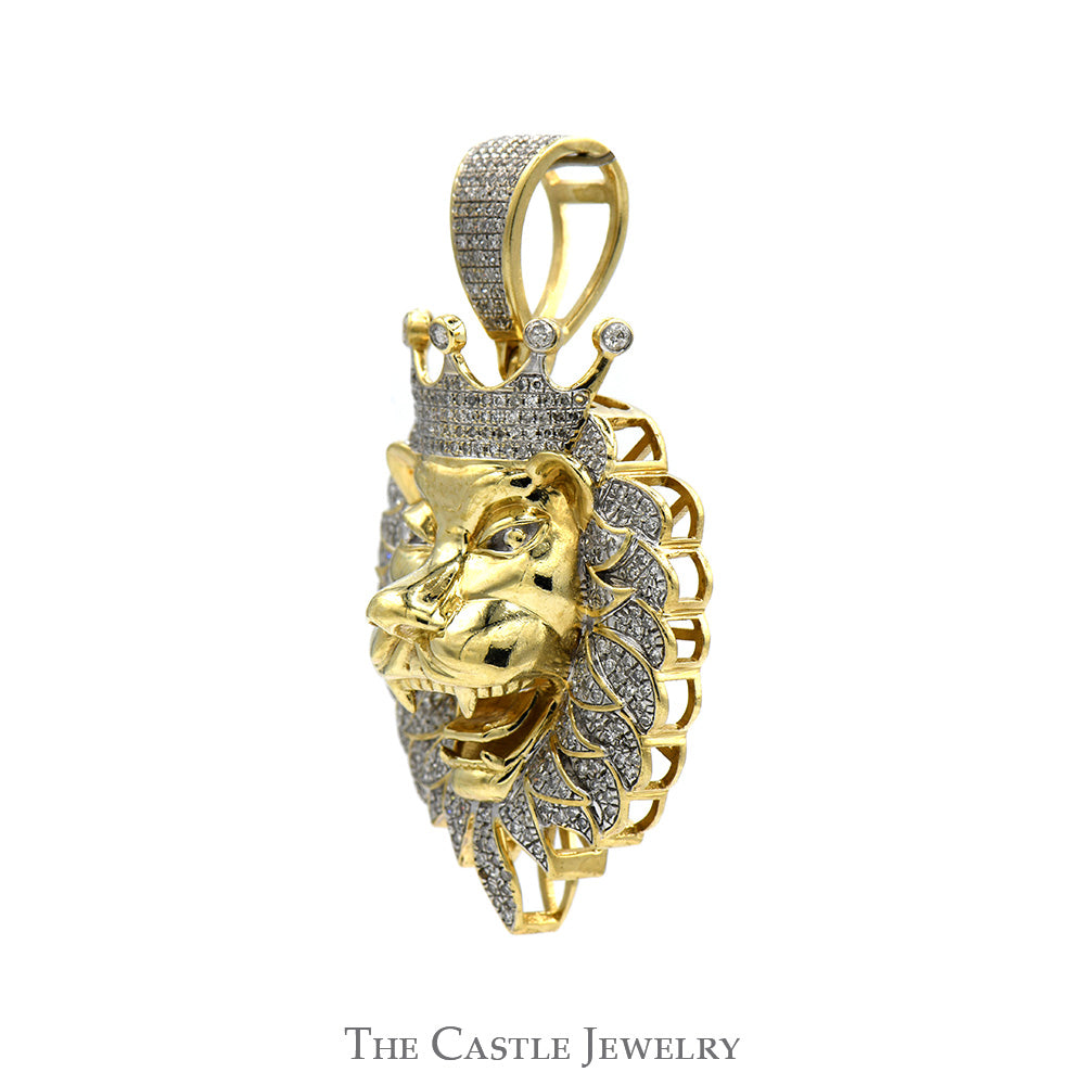 1.04cttw Pave Set Diamond Cluster Lion Head Pendant in 10k Yellow Gold